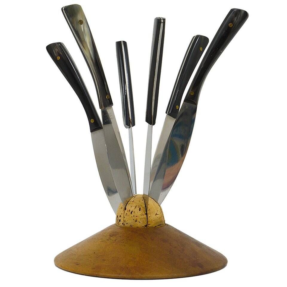 Carl Aubock II Knife Holder in Walnut with 6 Amboss Knives, Austria, 1950s