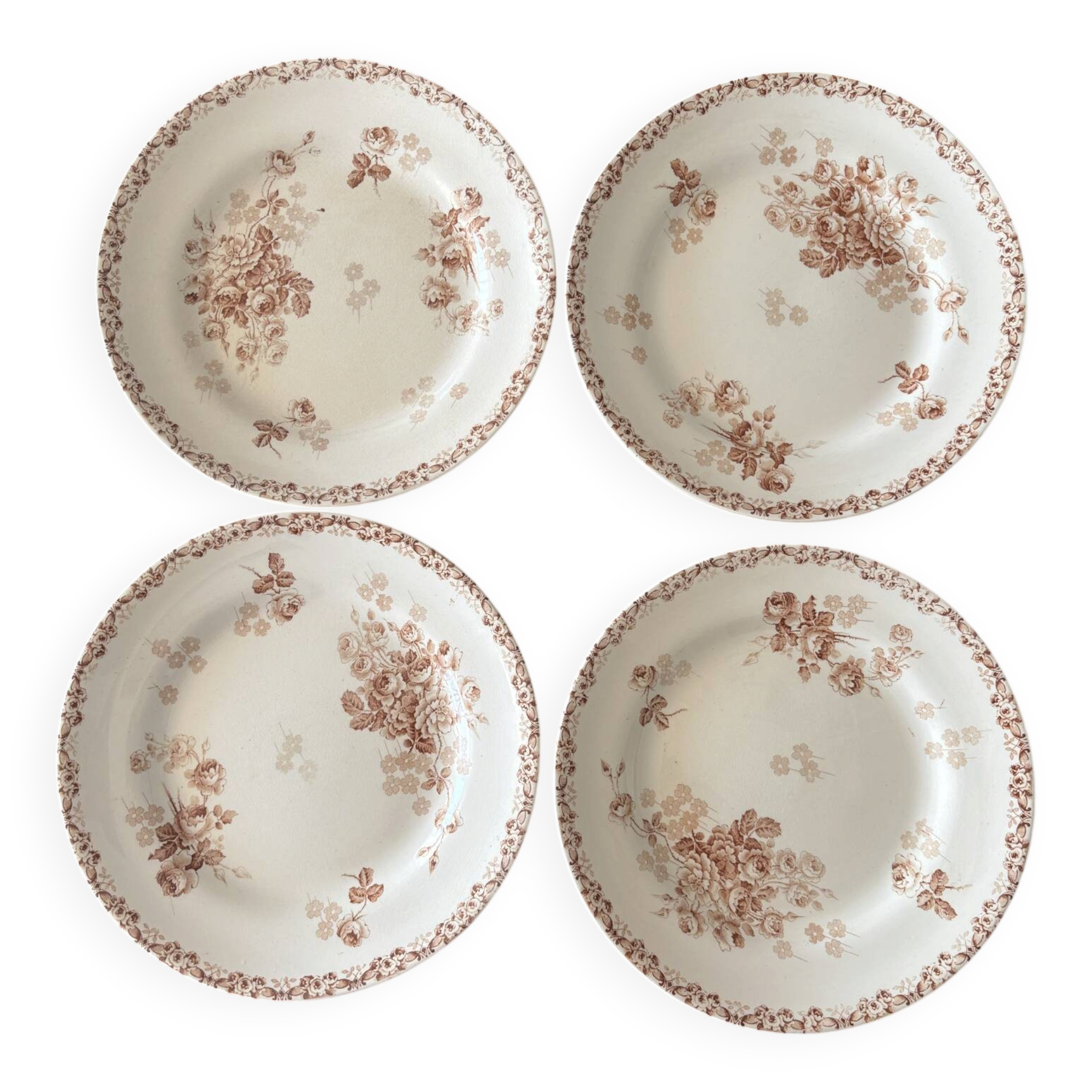4 antique flat plates from Hte Boulenger et Cie in sepia ironstone, Lucie model.