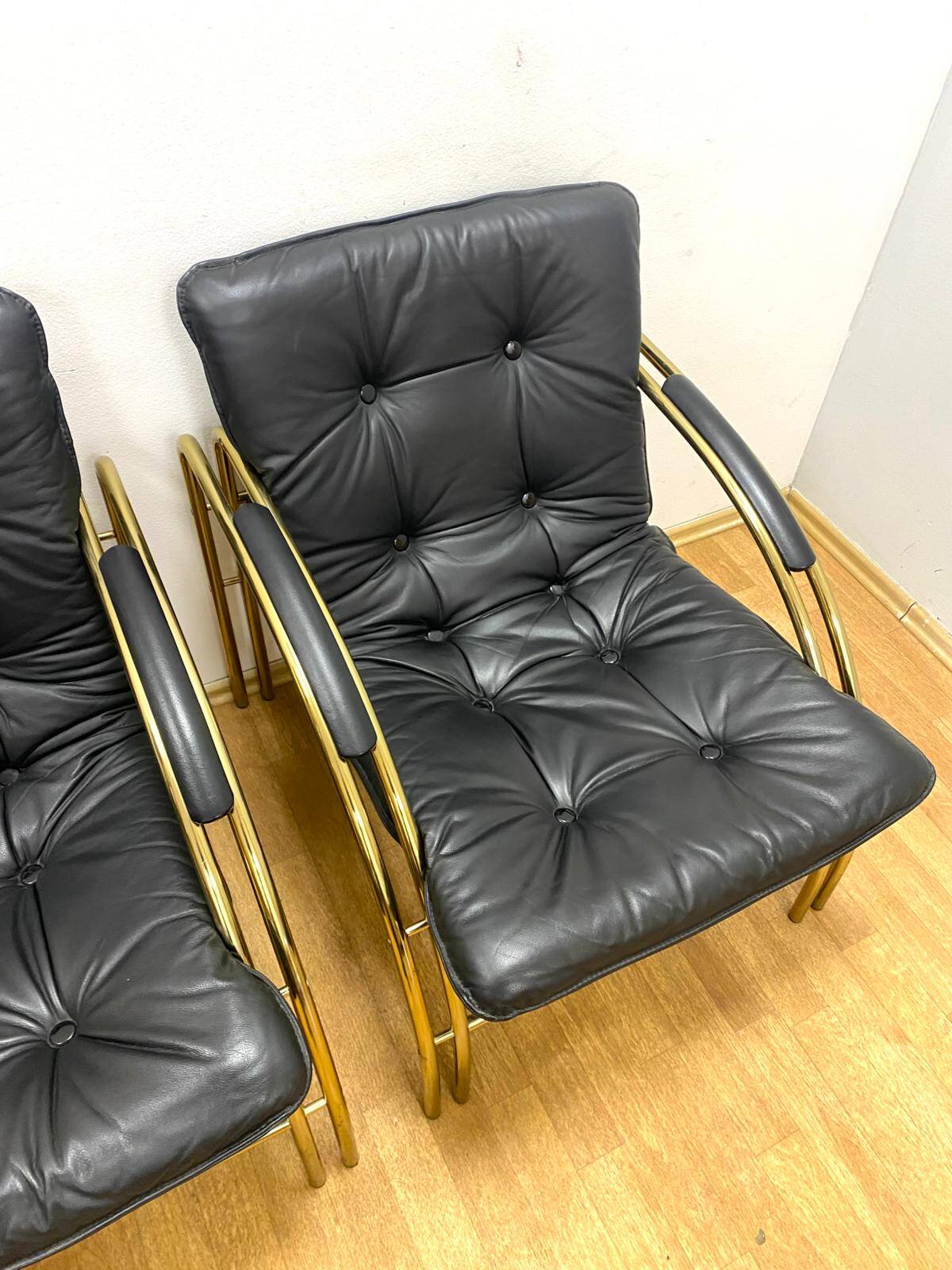 Vintage Leather and Metal Armchairs, 1990s, Set of 2