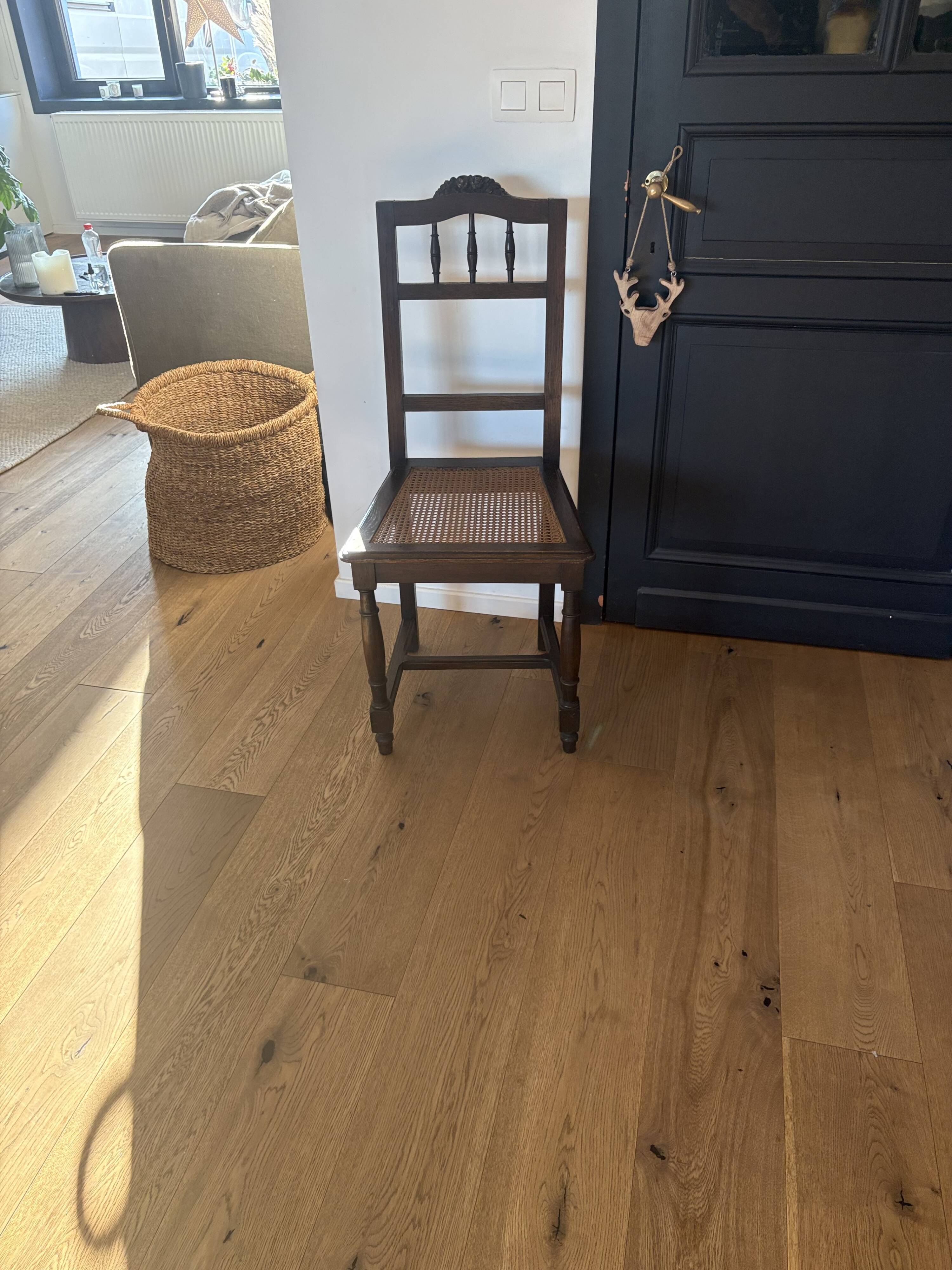 Lot of 4 solid oak chairs with caning in the Henri II style.