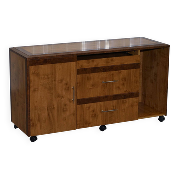 Walnut Burr buffet with drawers and wheels, part of a set.