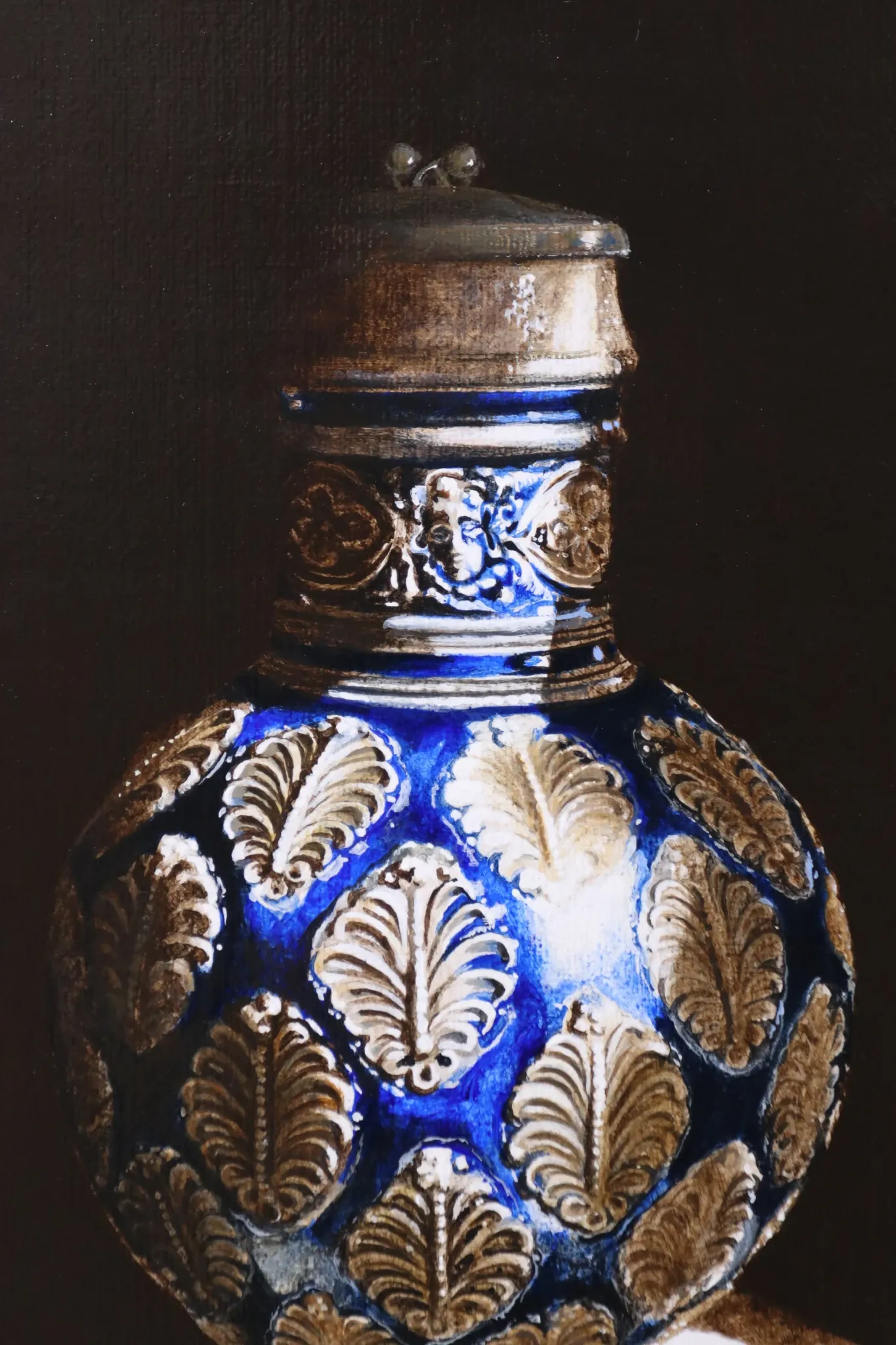 Still life with blue Westerwald jug, pewter lid – Marjolein van den Berg