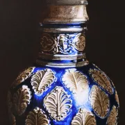 Still life with blue Westerwald jug, pewter lid – Marjolein van den Berg