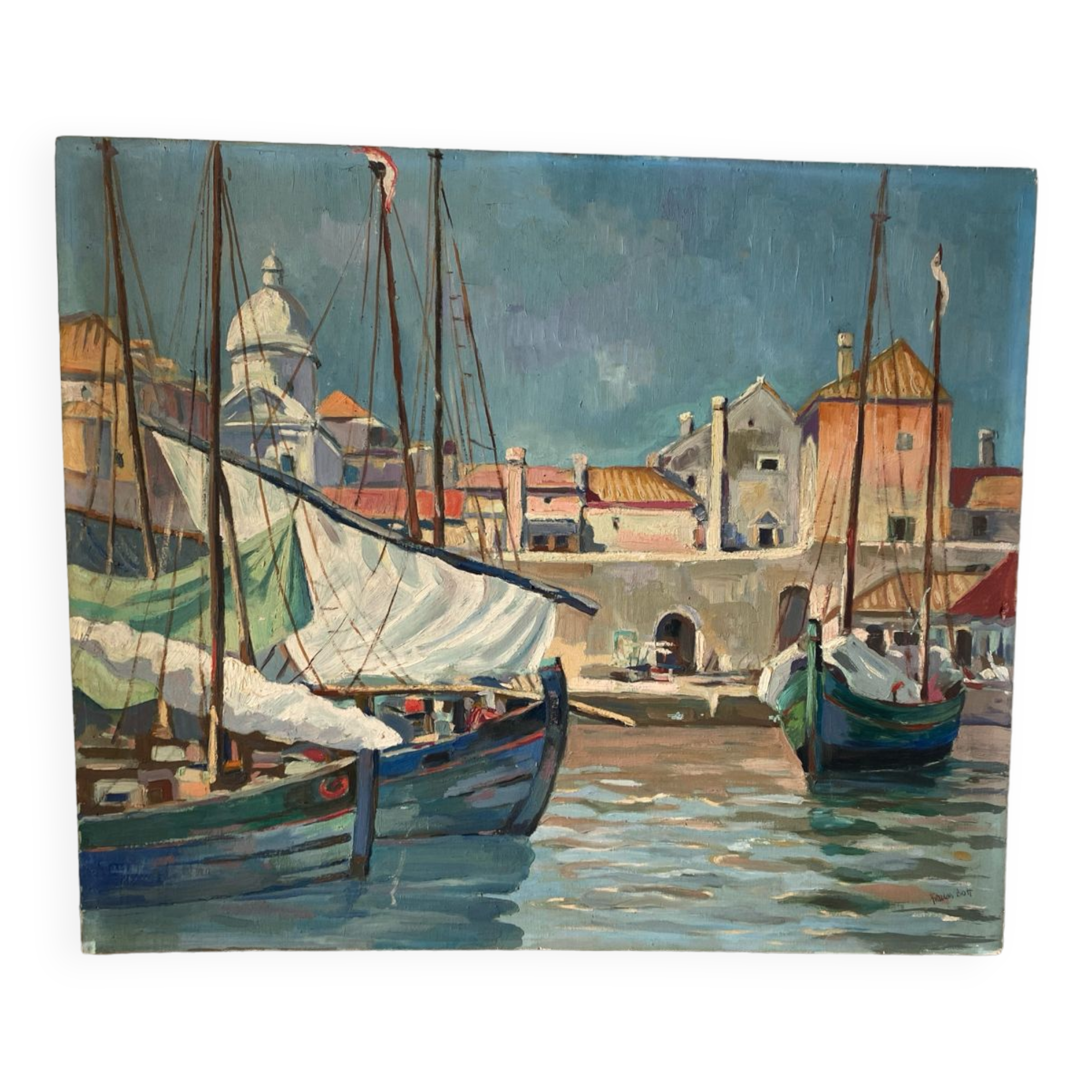 Painting of sailboats signed Francis Bott