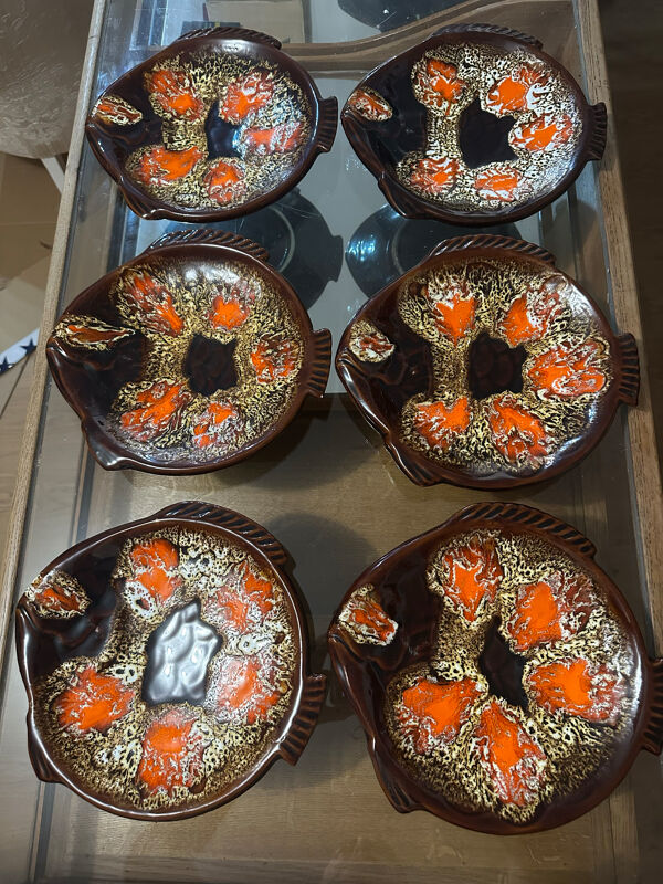6 assiettes Vintage à Poisson signées Marius Giuge - Vallauris