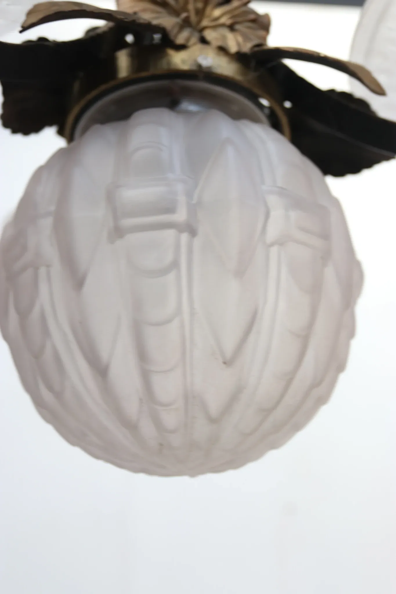 French Art Deco wrought iron pendant lamp, pressed glass, 1920s-30s