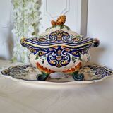 Vintage Rouen porcelain soup tureen with underplate, hand-painted