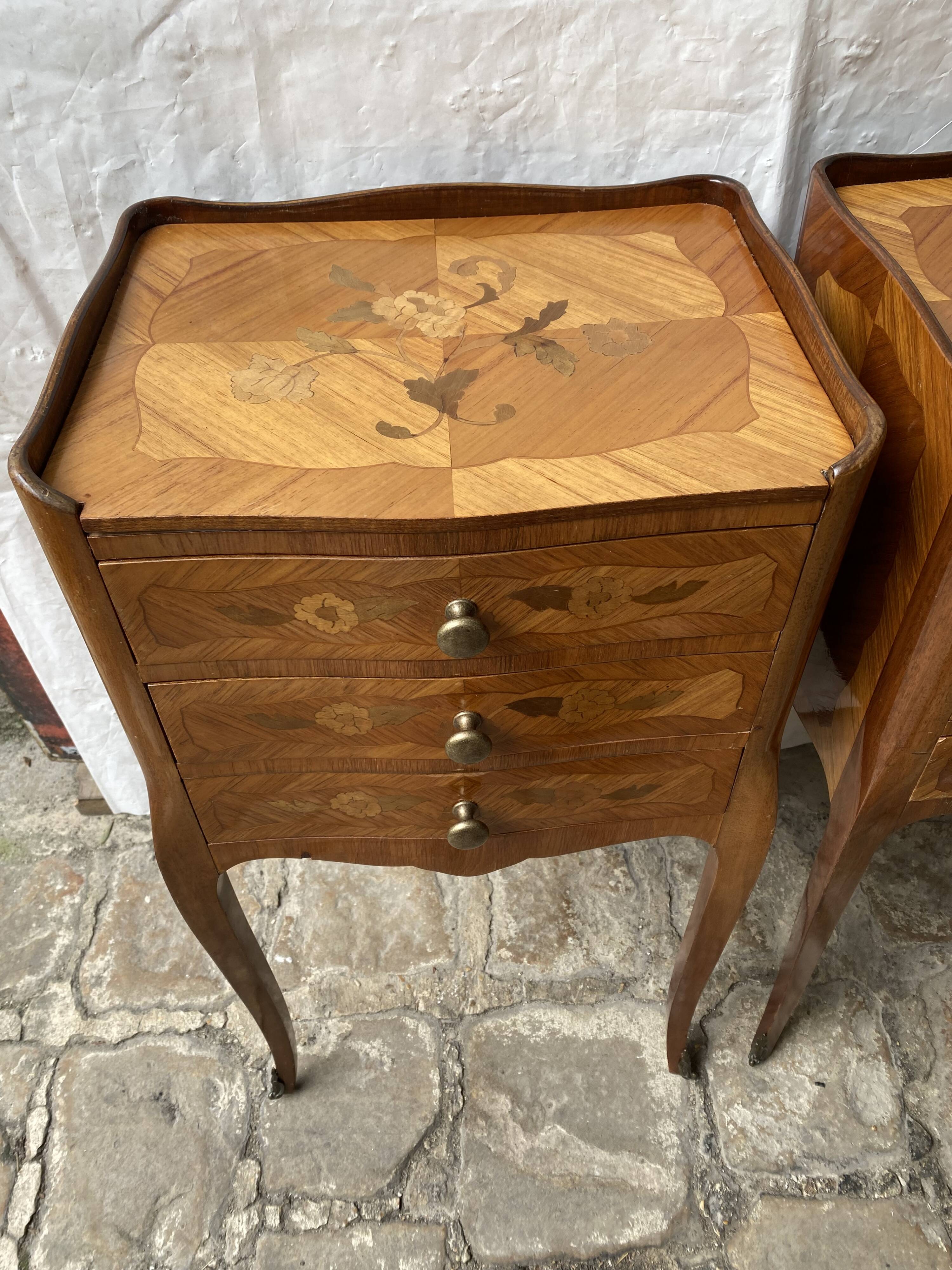 Pair of bedside tables/side tables in Louis XV style marquetry.