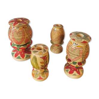 Set of 4 turned wooden candle holders