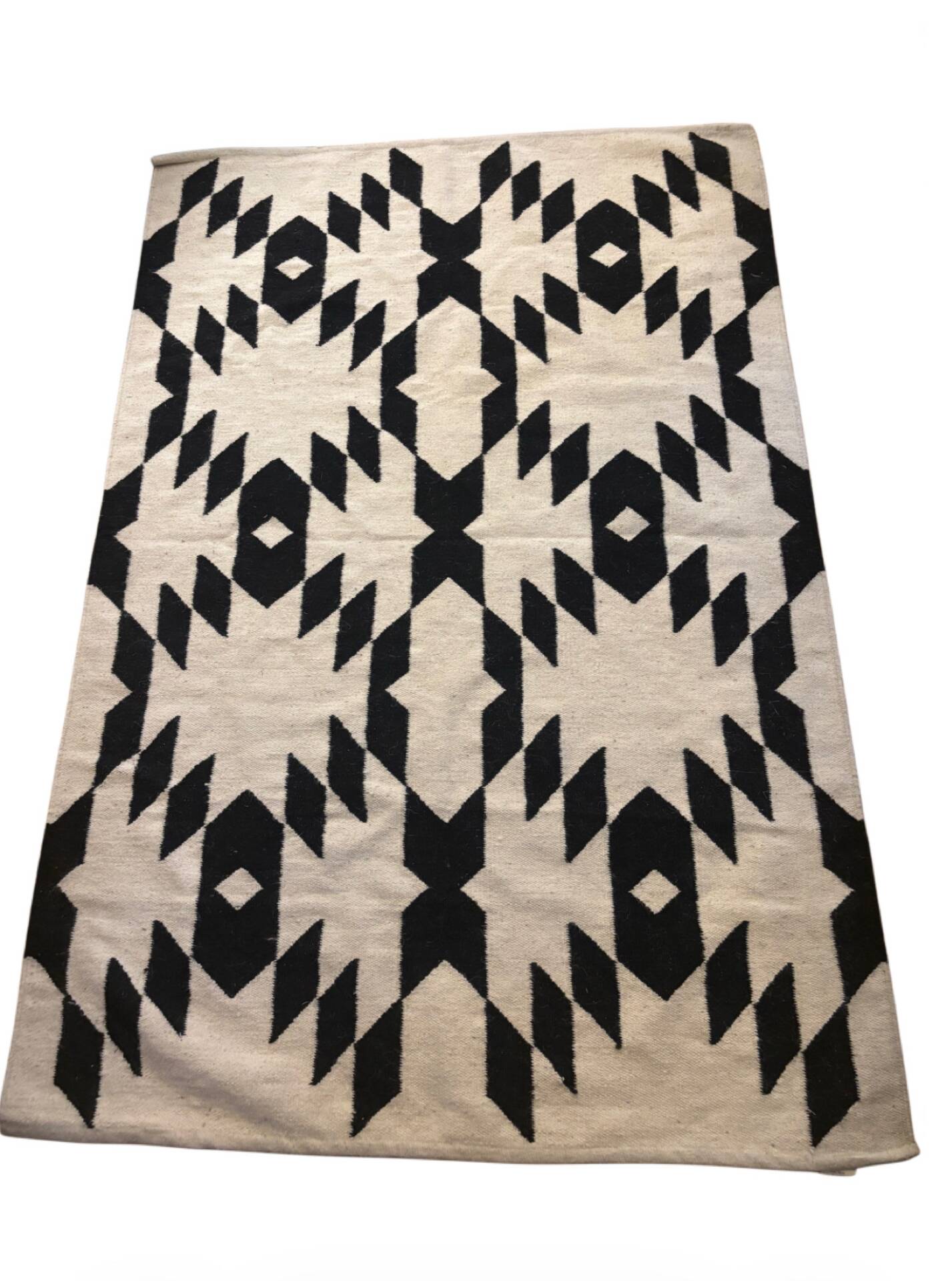 Wool kilim rug with geometric patterns – black & ecru