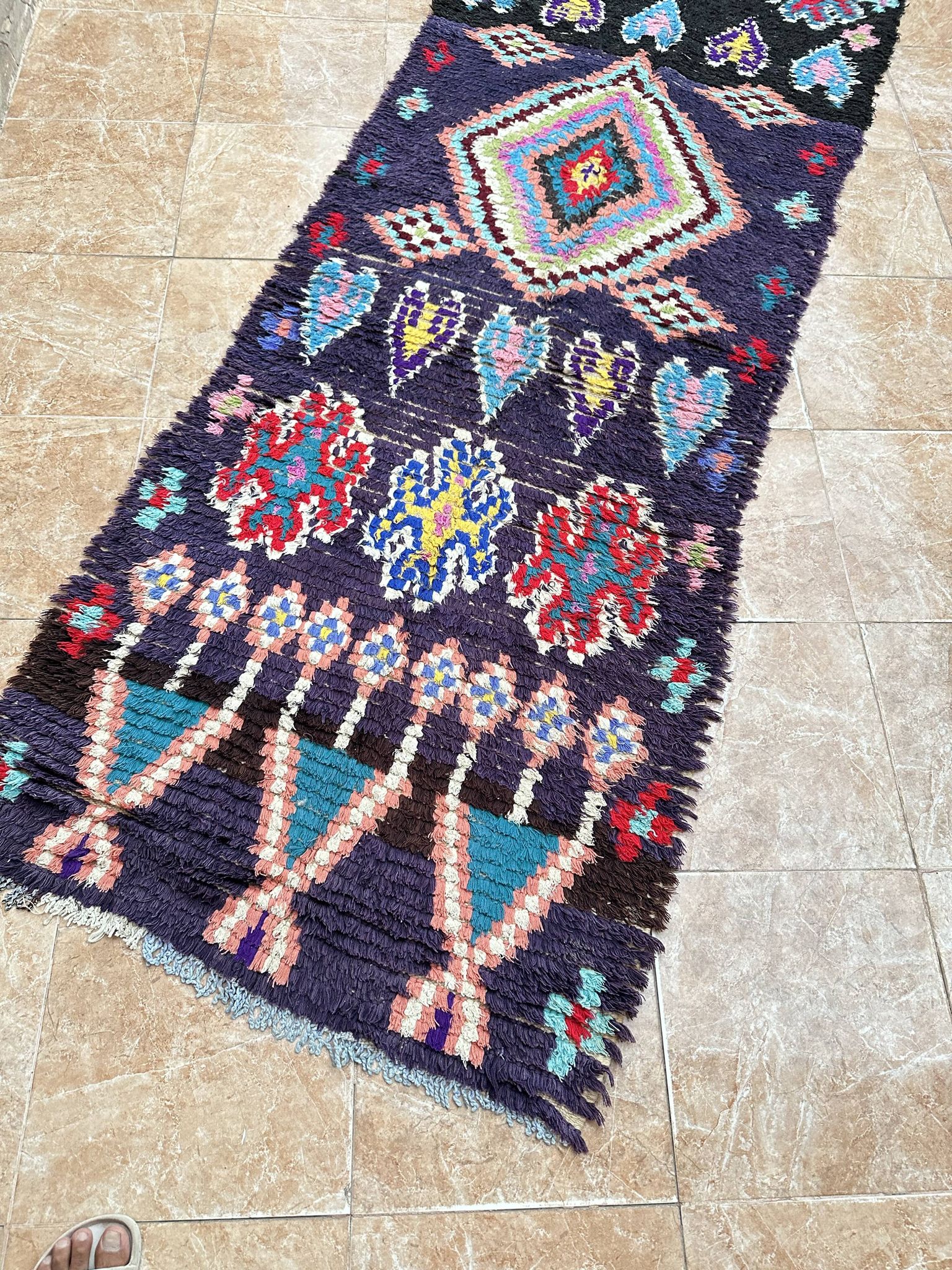 Vintage Boucherouite hallway runner: Moroccan Berber rug