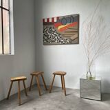 Set of 3 oak tripod stools