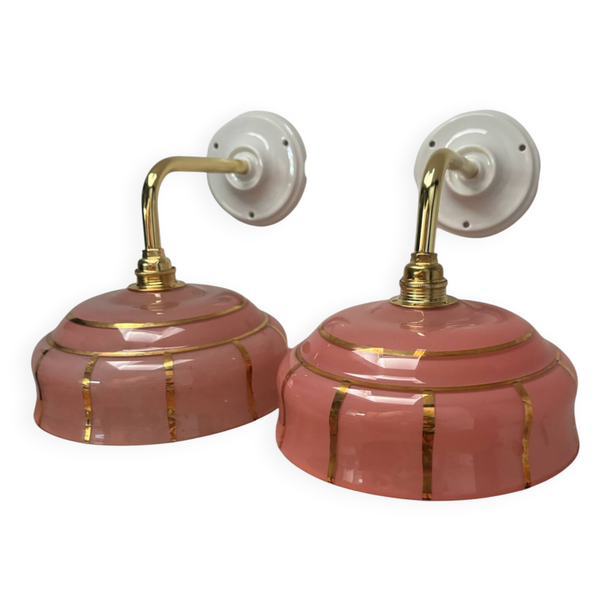 Pair of white ceramic wall lights with pink glass