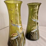 Pair of Enameled Glass Vases with Dragonflies. Unsigned Legras