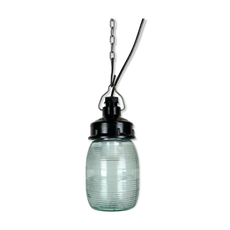 Industrial Bakelite Pendant Light with Ribbed Glass, 1970s