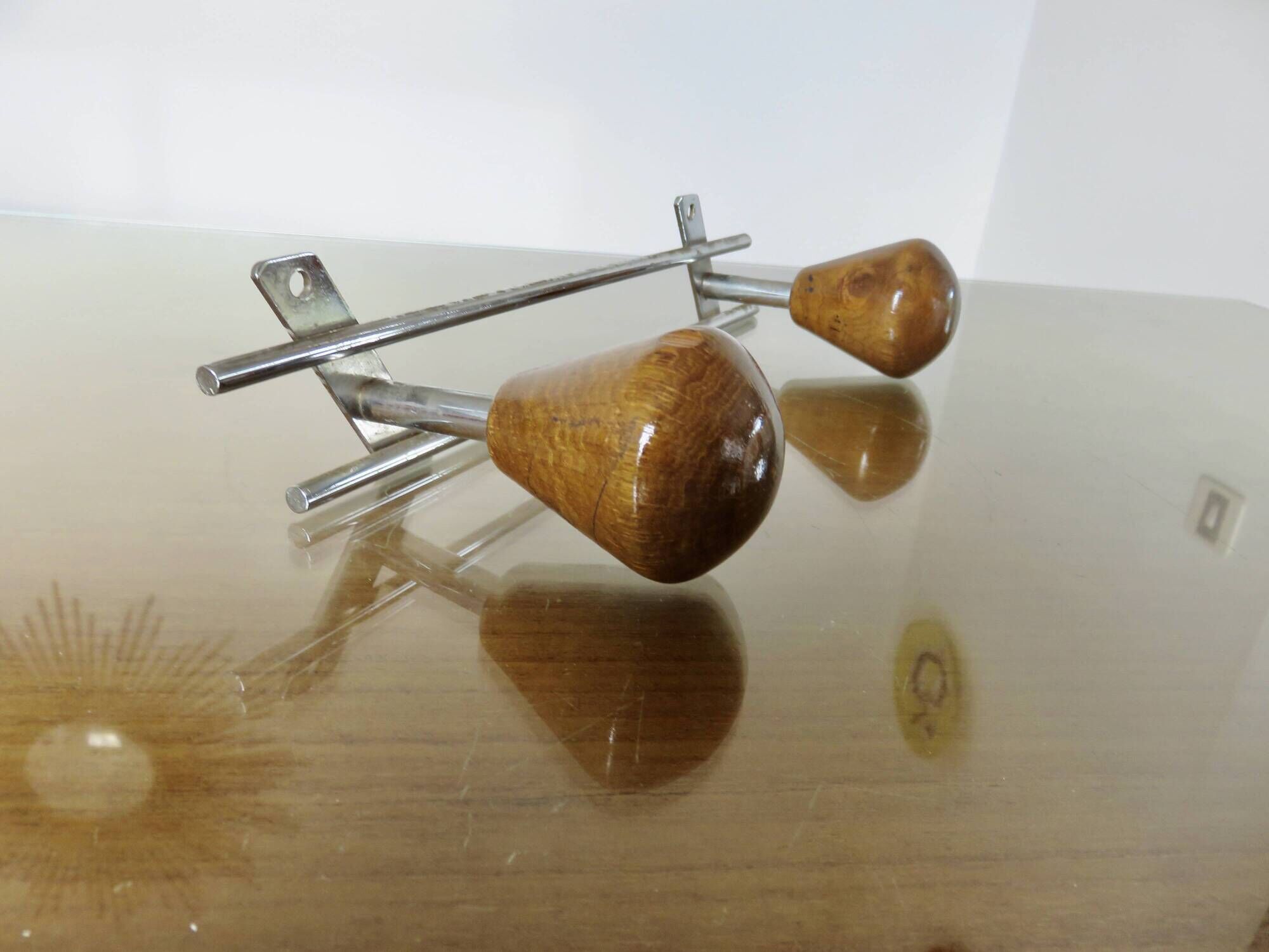 Scandinavian wall-mounted coat rack, wood and chrome-plated metal, 1960s-70s