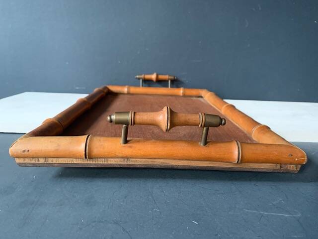 Old serving tray in faux bamboo and brass, 19th century