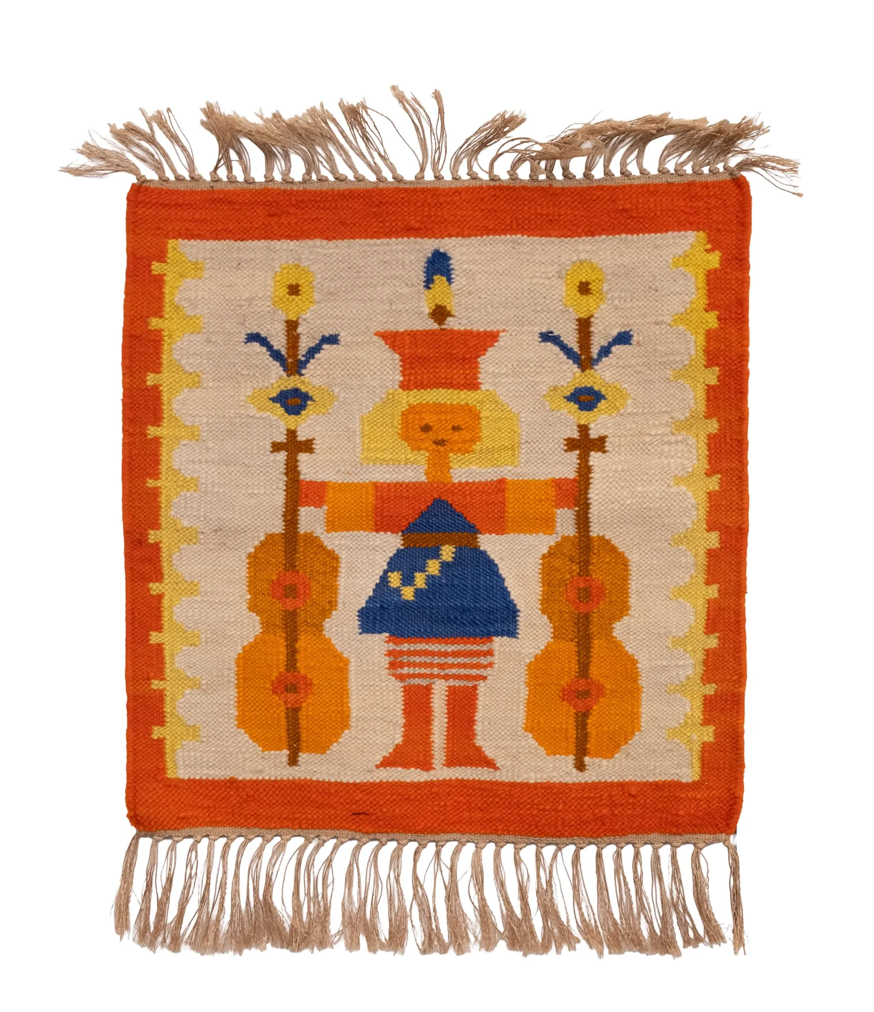Polish Hand Knotted Square Wall Tapestry ''Musician'' 1960s Poland