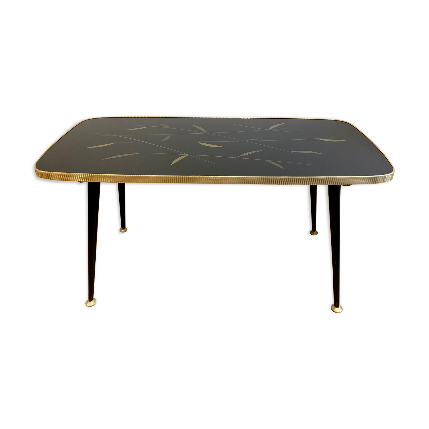 Black glass coffee table wooden legs 60s