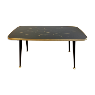 Black glass coffee table wooden legs 60s