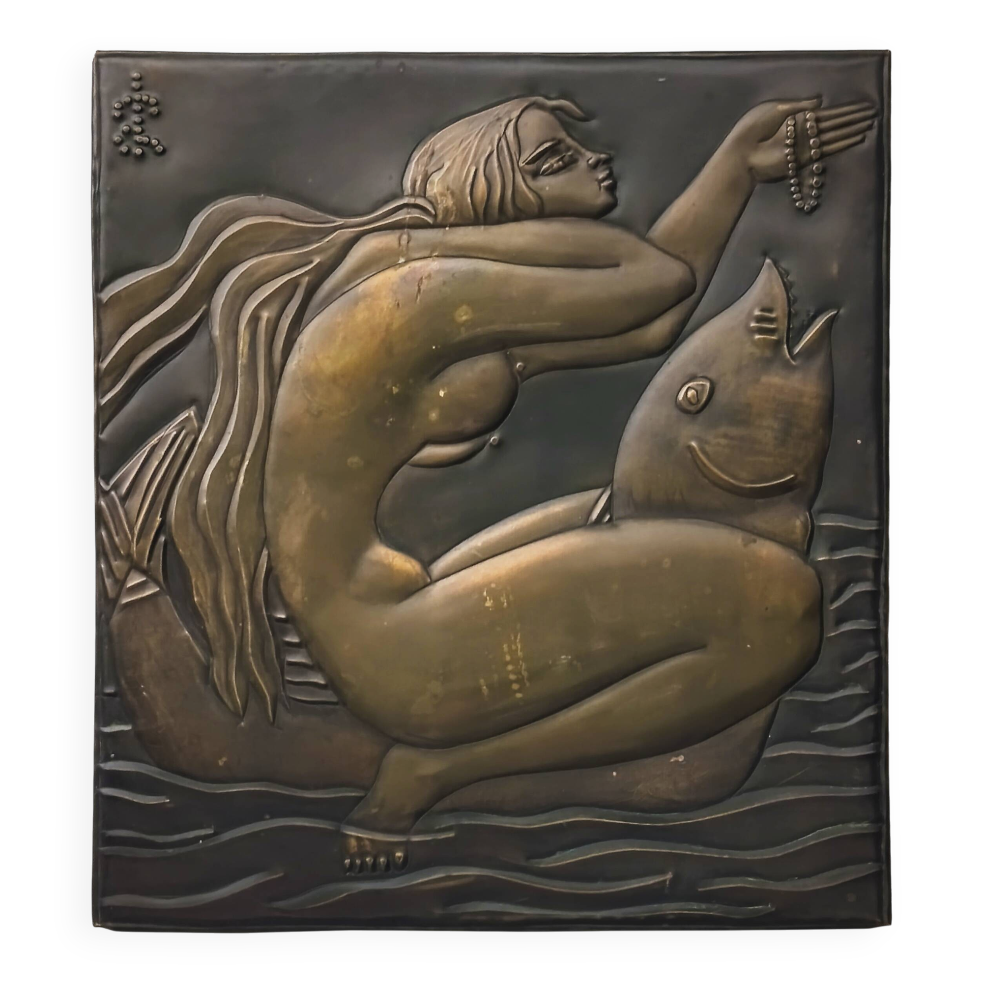 Brass table featuring a woman and a dolphin, France, 1960s.