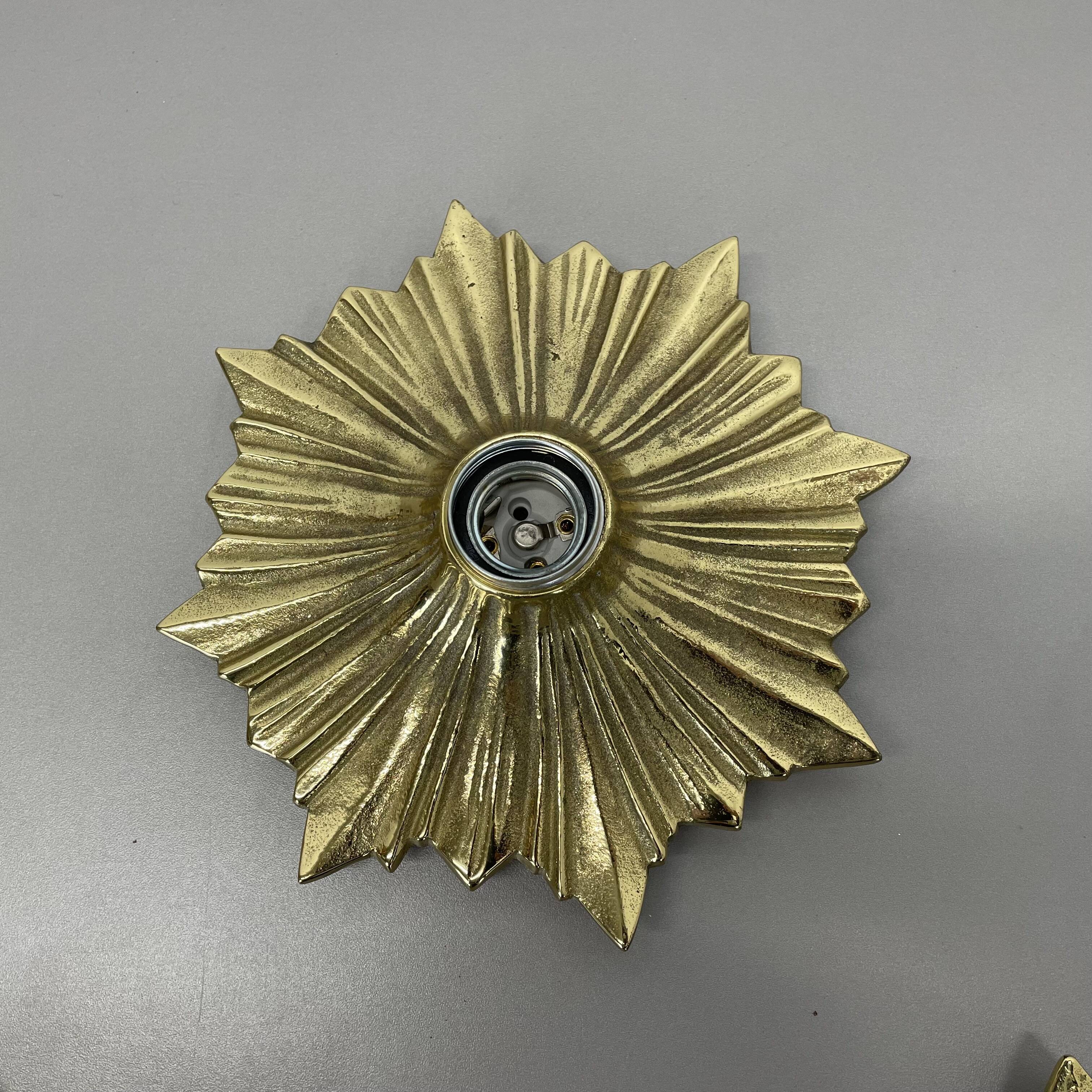 Set of Three Brutalist Bronze Sunburst Wall Lights, Italy 1950s