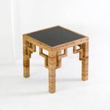 Greek Key Patterned Rattan Side Table with Black Laquered Top
