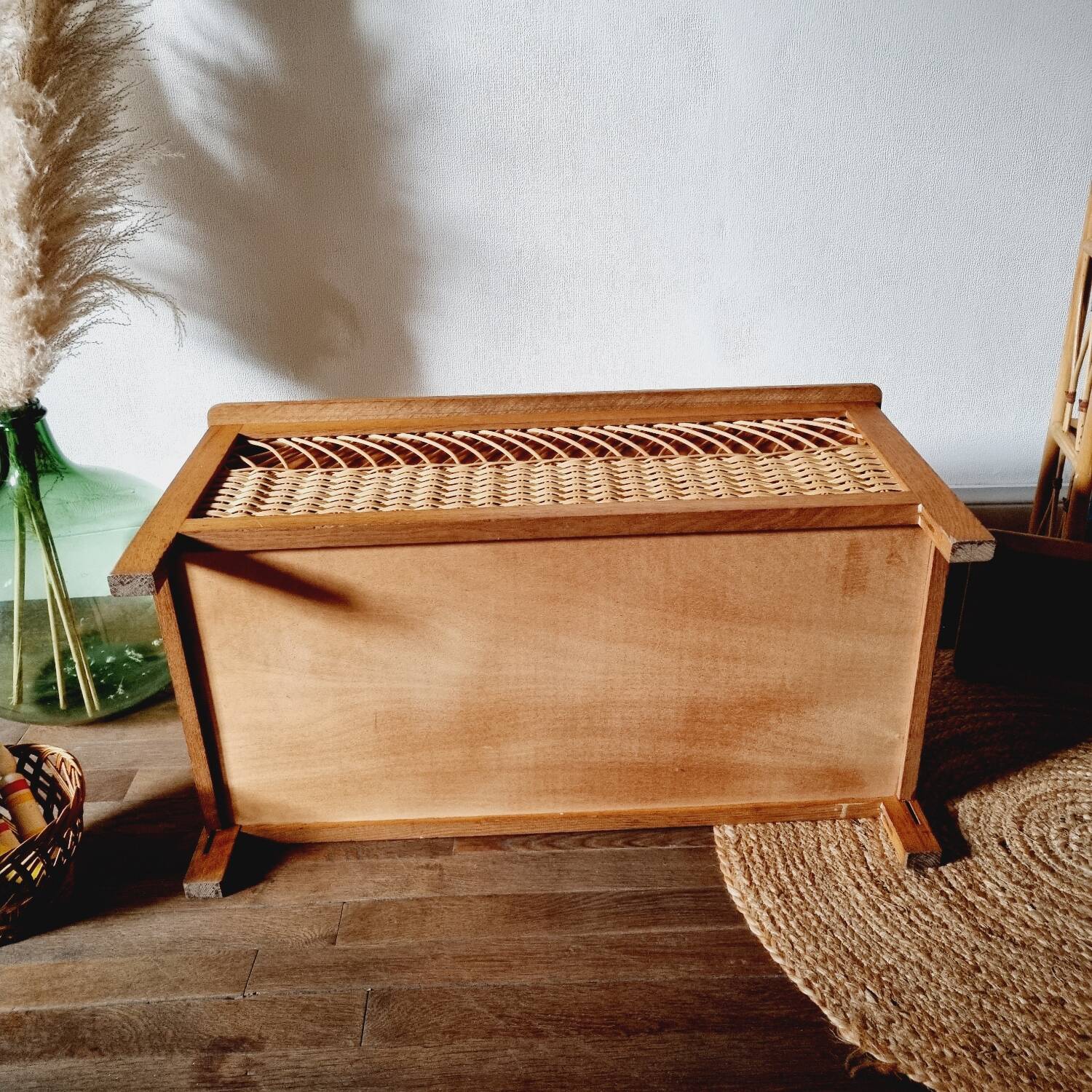 Oak and rattan chest bench 1960