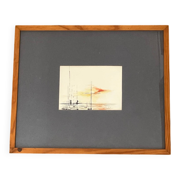 Tableau, aquarelle abstraite ''Coucher de soleil face au port