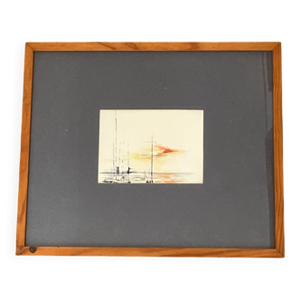 Tableau, aquarelle abstraite "Coucher de soleil face au port"