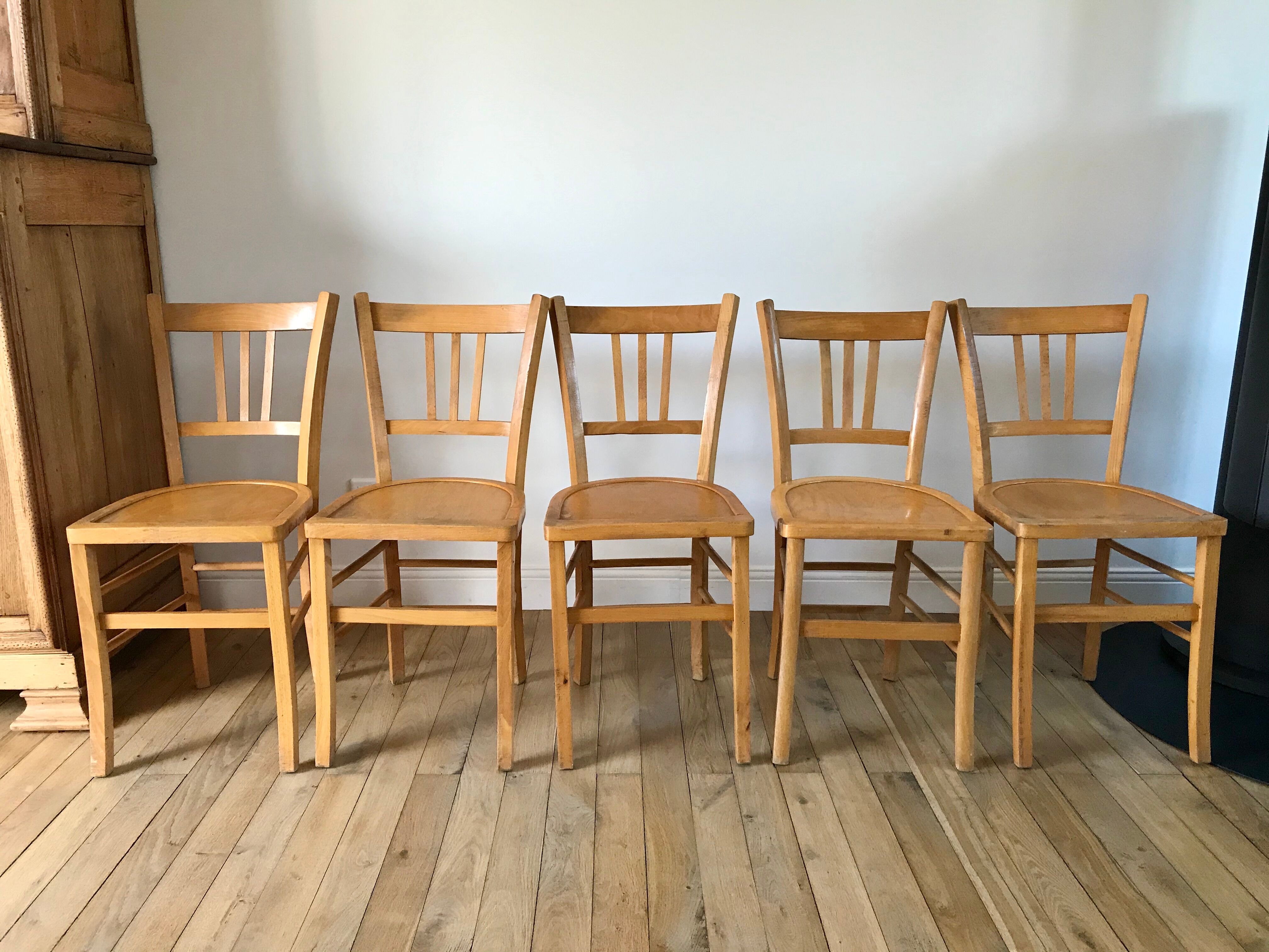 Set of 5 Luterma light blond wood bistro chairs from the 50s