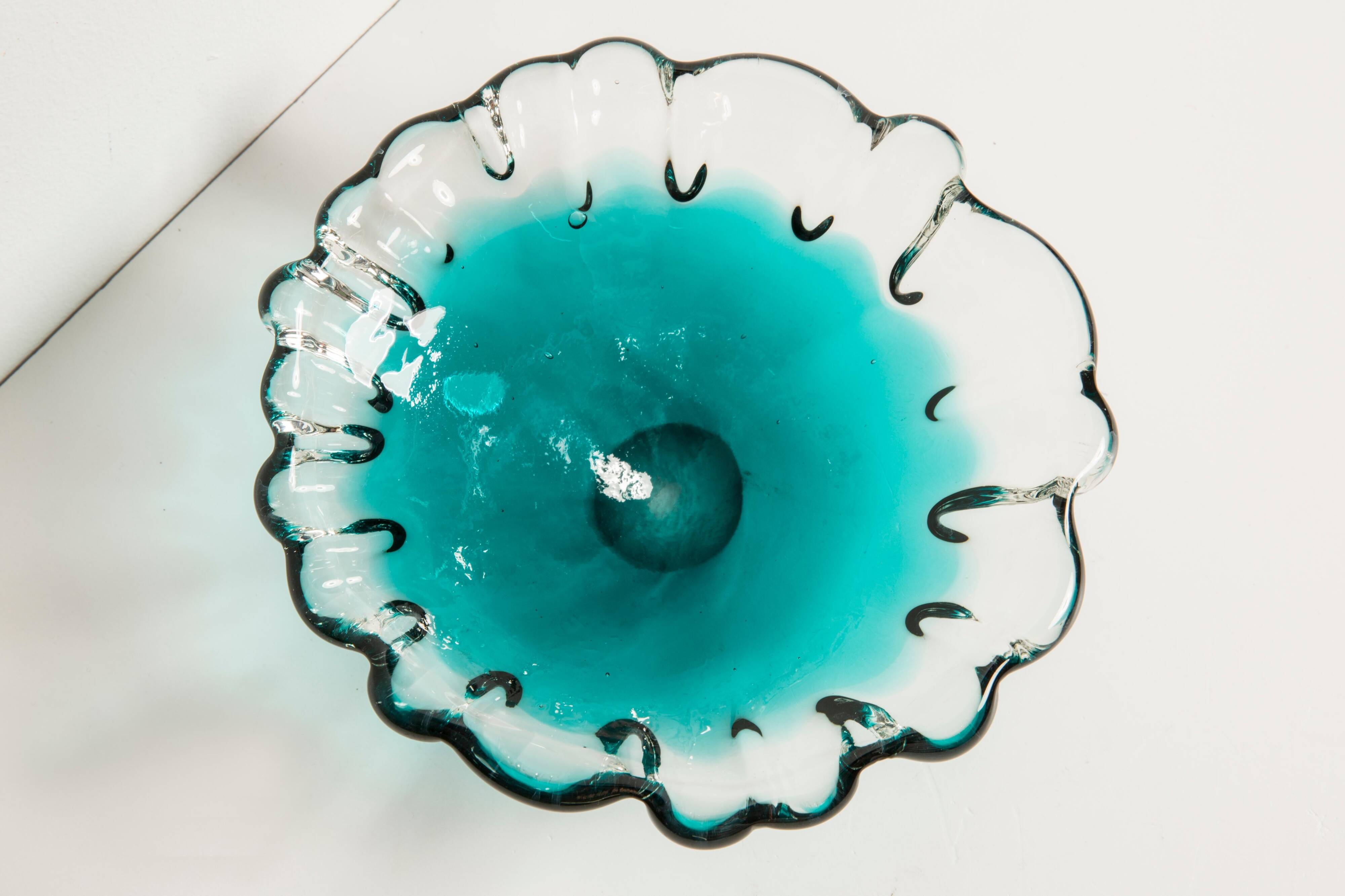 Blue aqua crystal glass bowl, mid-century, Italy, 1970s.