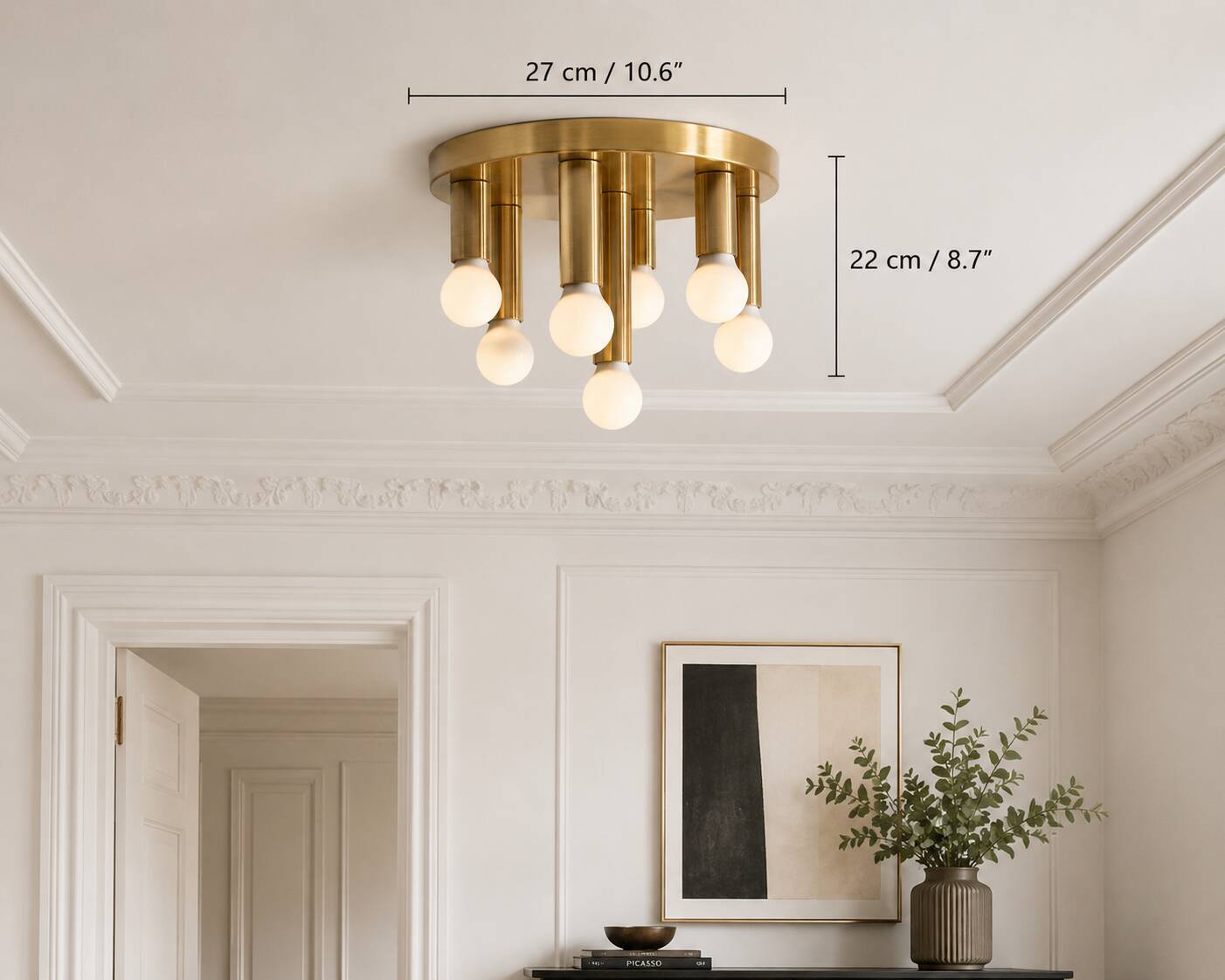 Mid-century ceiling light, brushed brass by Solken Leuchten, 7 lamps.