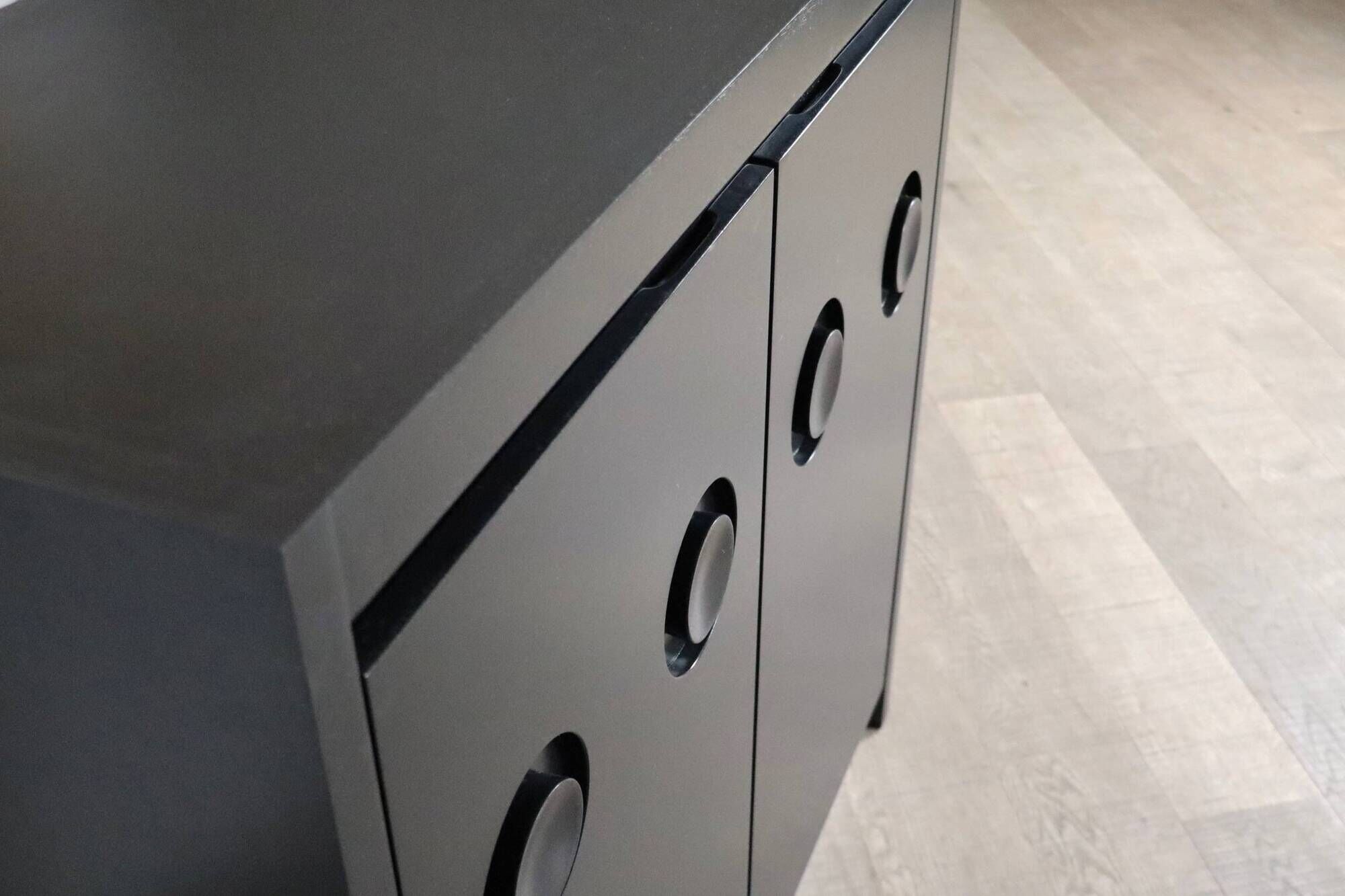 Midcentury Modern Brutalist Highboard Bar Cabinet In Black Lacquered Wood And Chrome, Belgium 1970s
