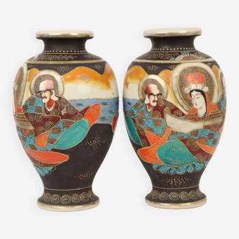 Vases satsuma japon poterie or céramique couple années cinquante 32cm