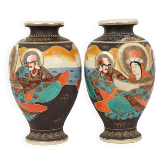 Vases satsuma japon poterie or céramique couple années cinquante 32cm