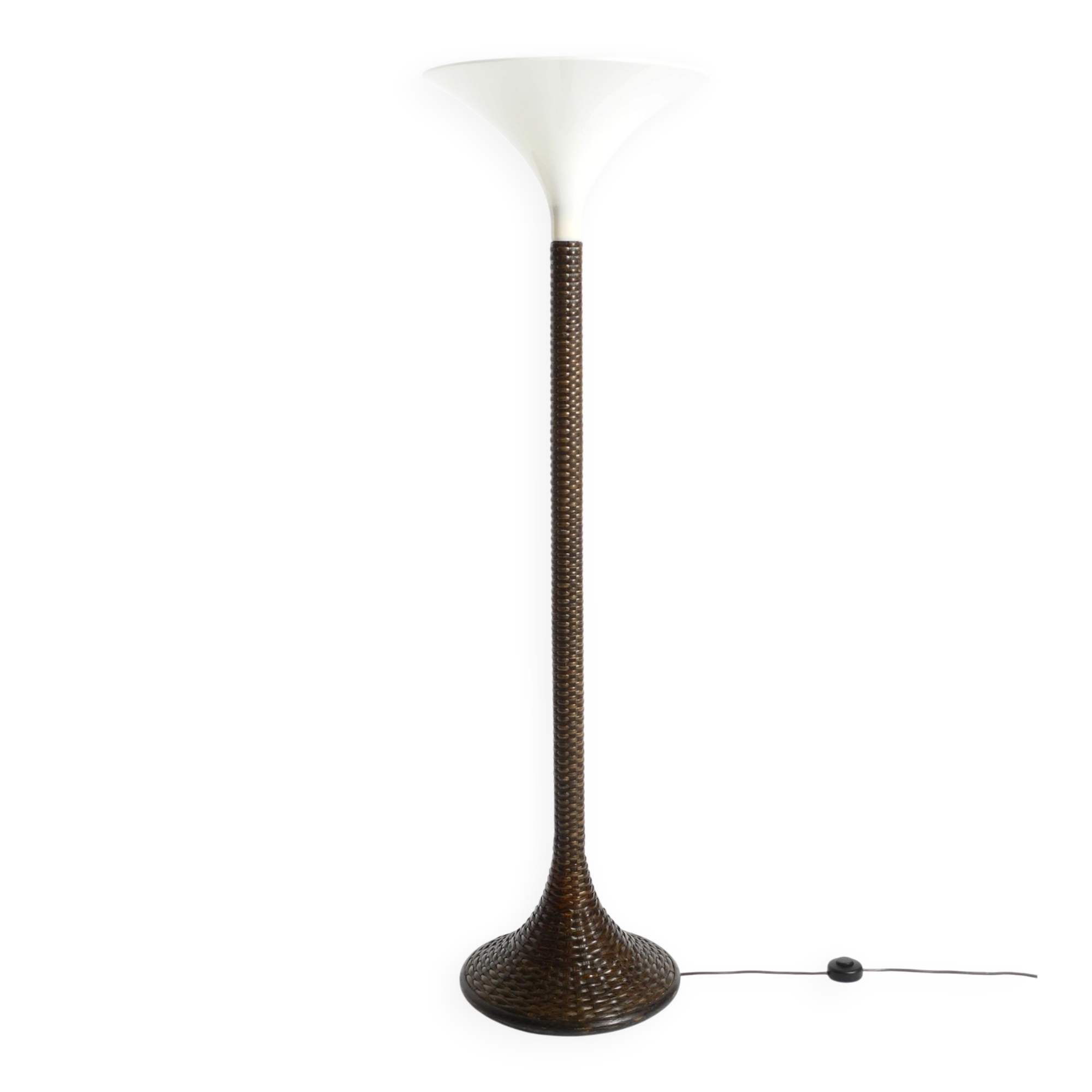 XL 70s Tulip floor lamp with a brown wicker frame and a plexiglass shade