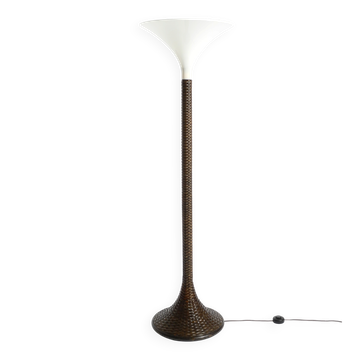 XL 70s Tulip floor lamp with a brown wicker frame and a plexiglass shade
