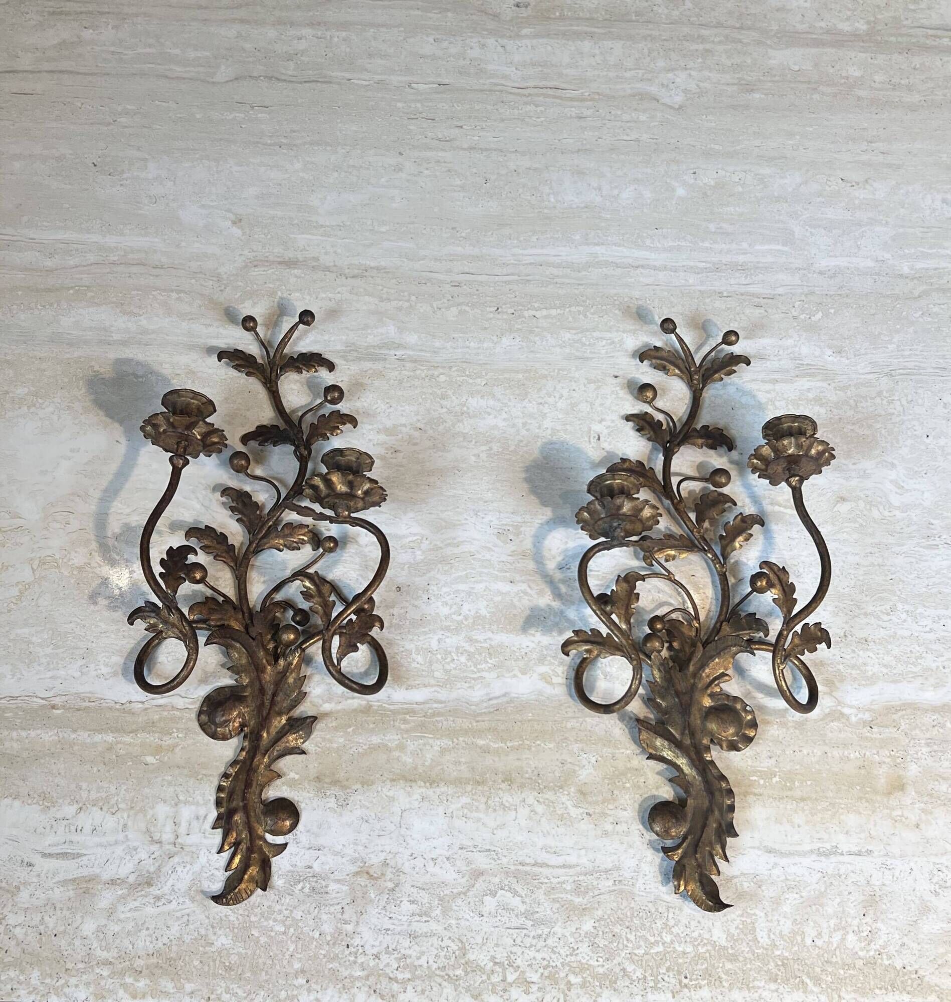 Pair of Two-Arm Wall Lights in Gold Metal with Leaf Decoration