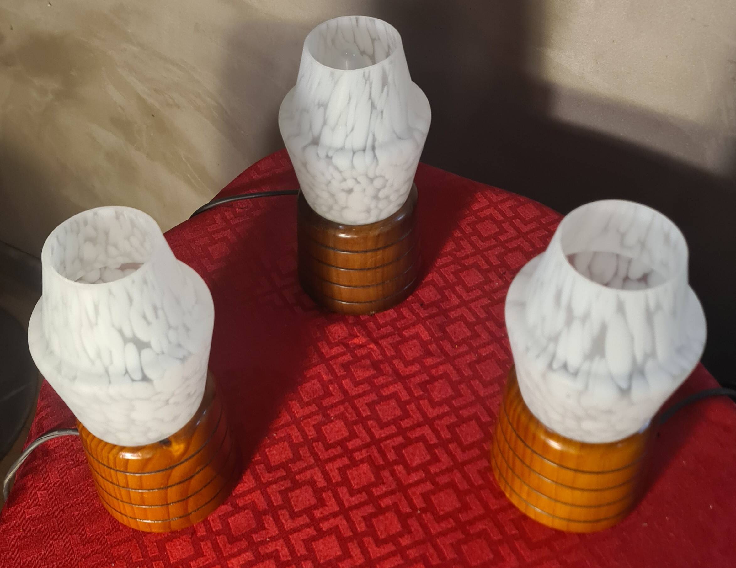 three Scandinavian bedside lamps, turned wood and glass, Clichy 20x9, electric ok