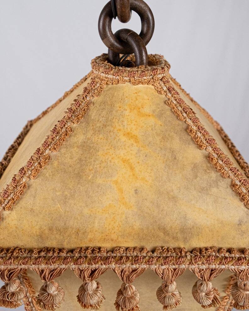 Suspension lanterne en parchemin et passementeries, France, 1960s