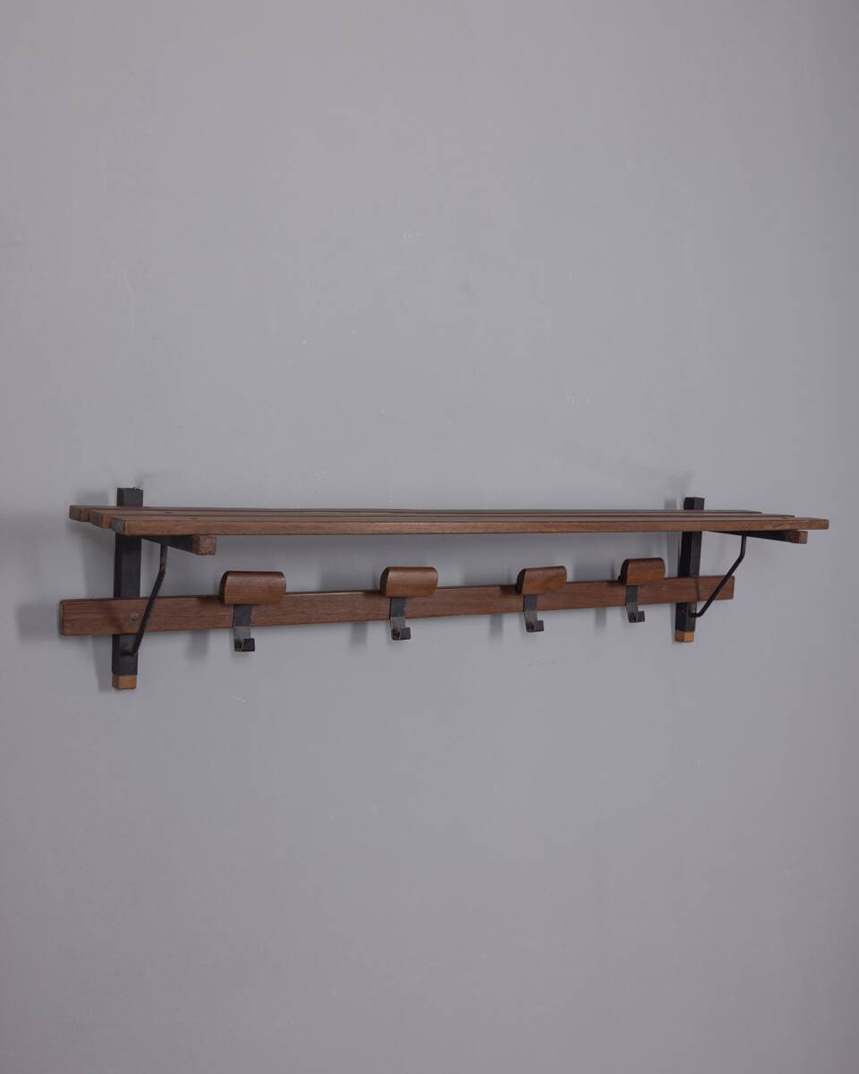 Vintage 1960s wall coat rack in metal and wood, italian design