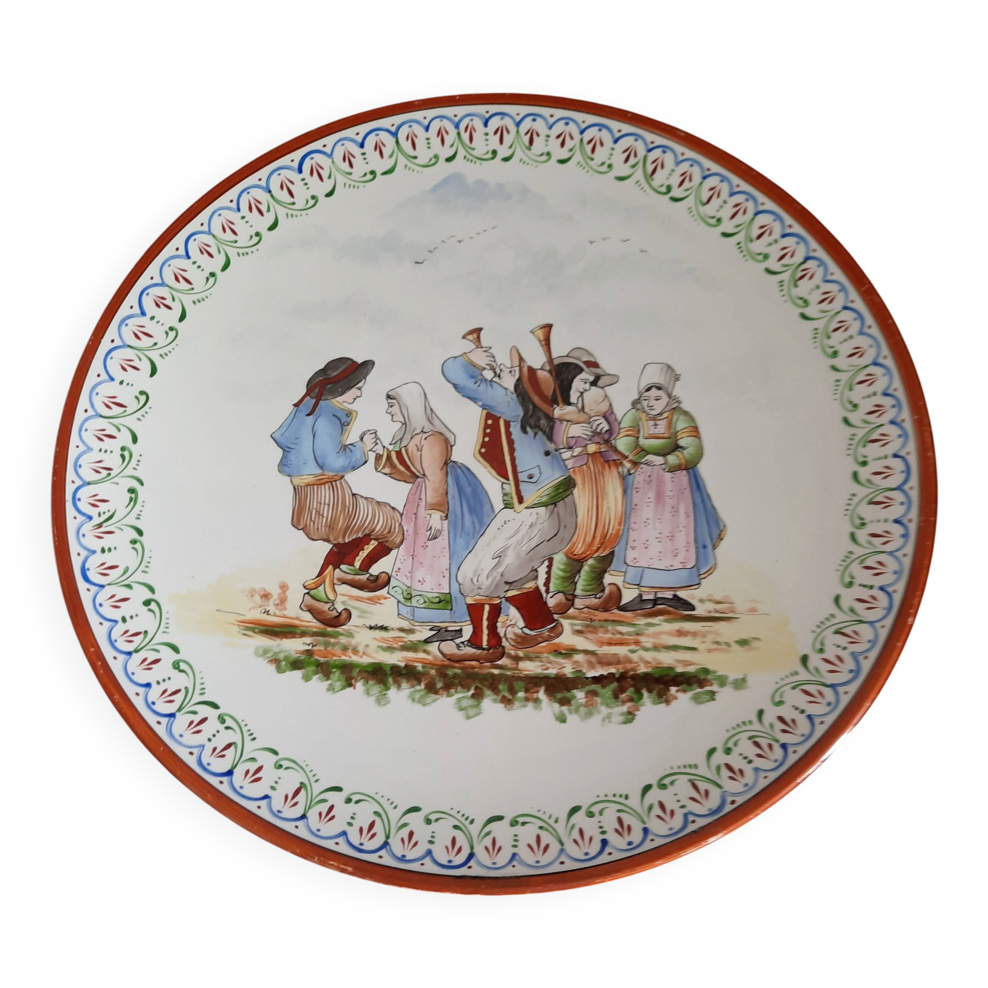 Large Round Antique Plate 33 cm Ceramic Pierrefonds - Regional Dance Decoration