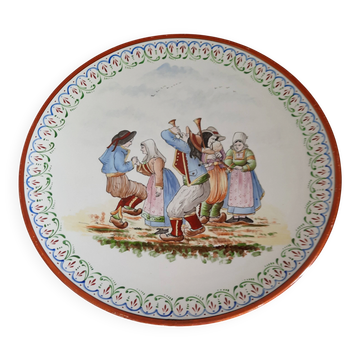 Large Round Antique Plate 33 cm Ceramic Pierrefonds - Regional Dance Decoration