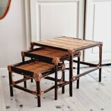 Trio of nesting tables in wood and rattan