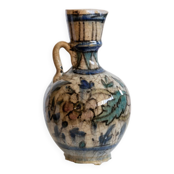 Antique 18th-century ceramic vase, hand-painted, Near Eastern design with floral motif and handle, small decorative art piece, gift idea.