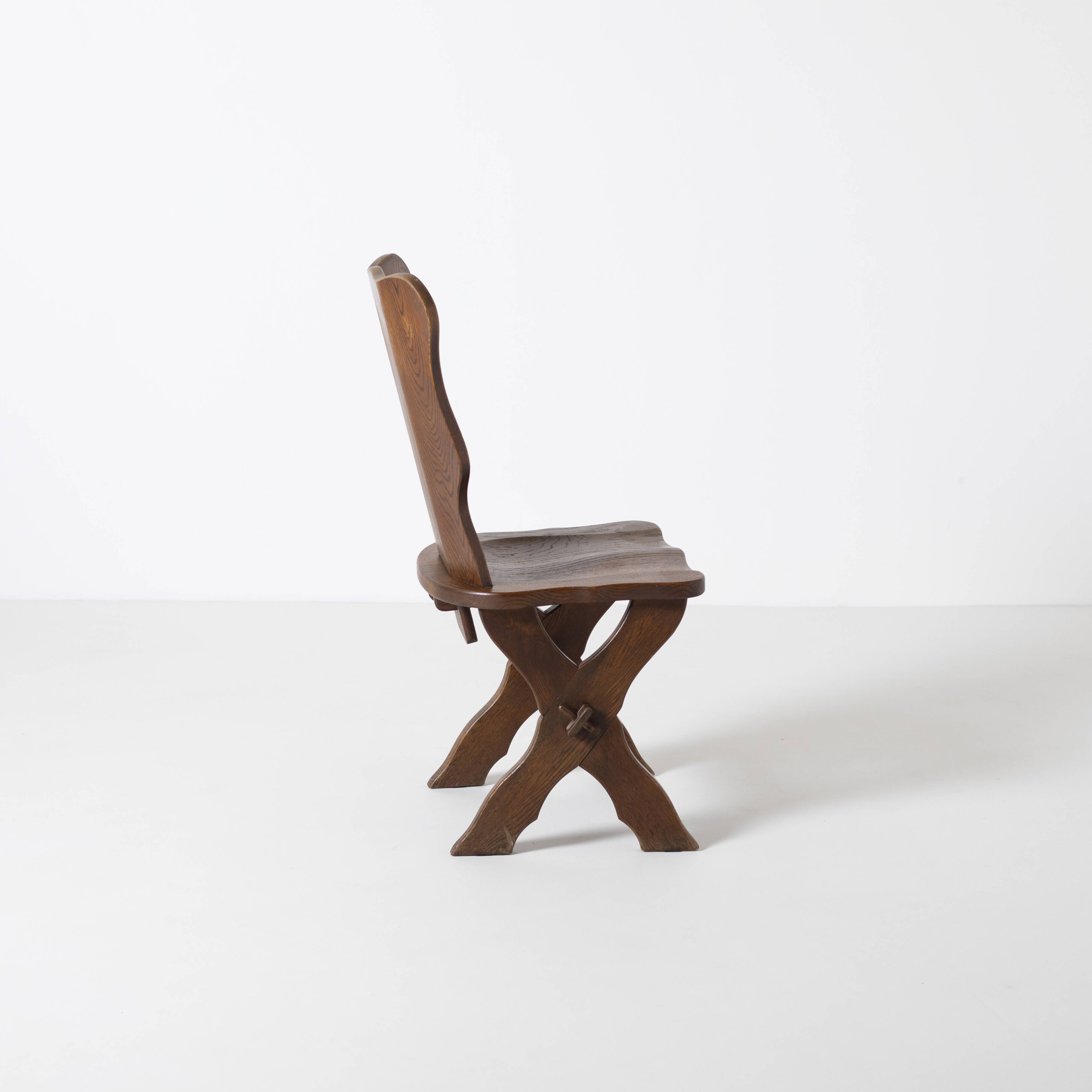 Set of 6 Dutch brutalist dining chairs in stained oak, 1970s