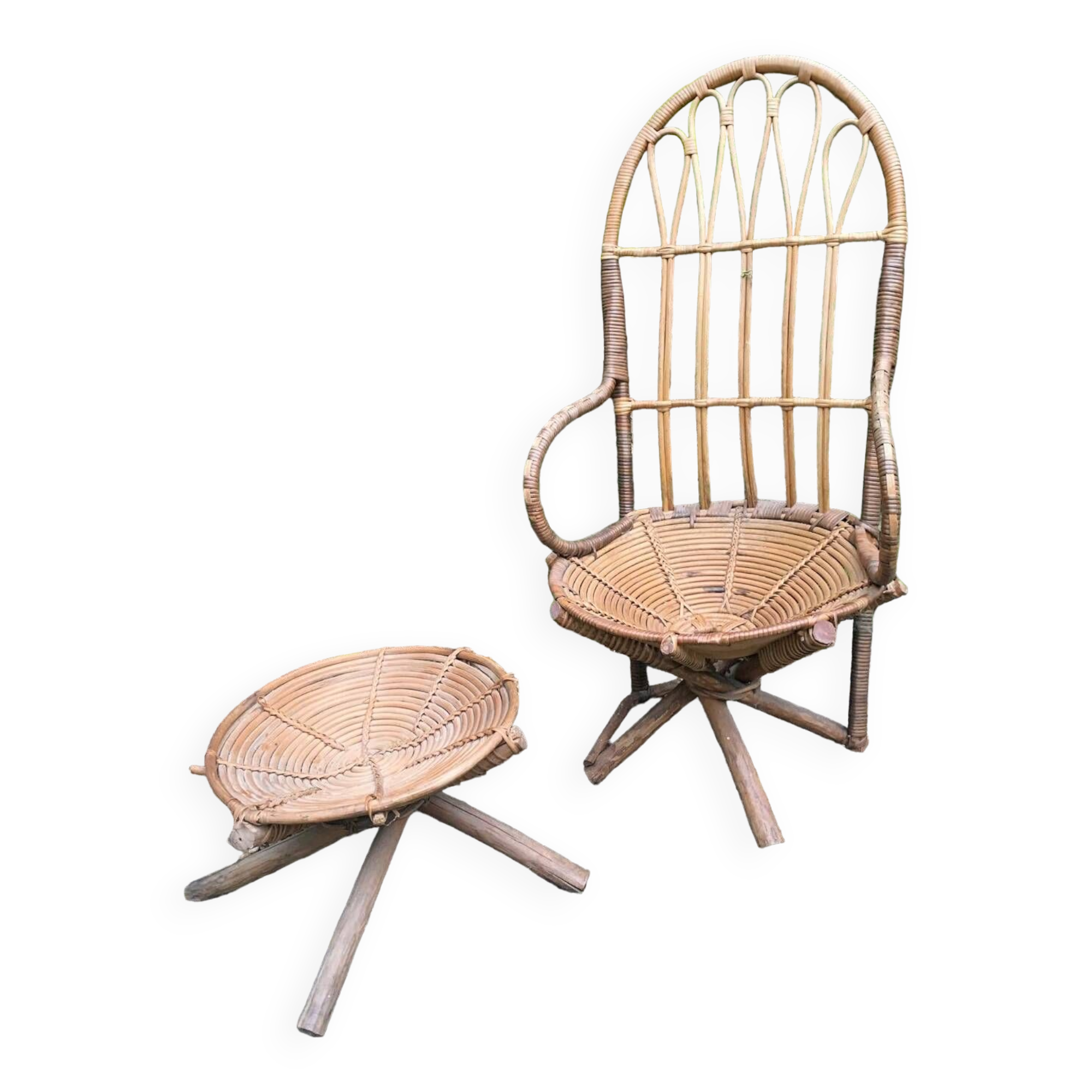 Rattan armchair and pouf