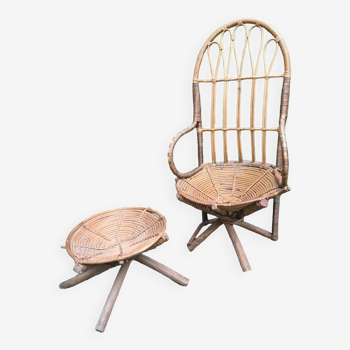 Rattan armchair and pouf