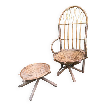 Fauteuil et pouf en rotin